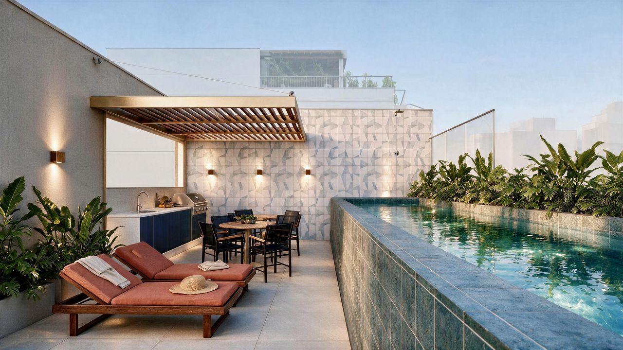 Piscina com deck e area gourmet do Sansa Living