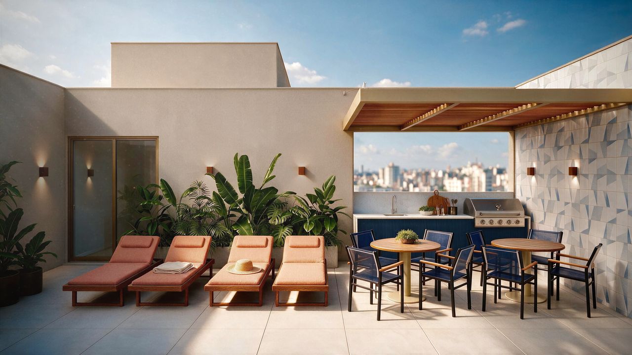 Terraço gourmet do Sansa Living, com churrasqueira e vista da cidade